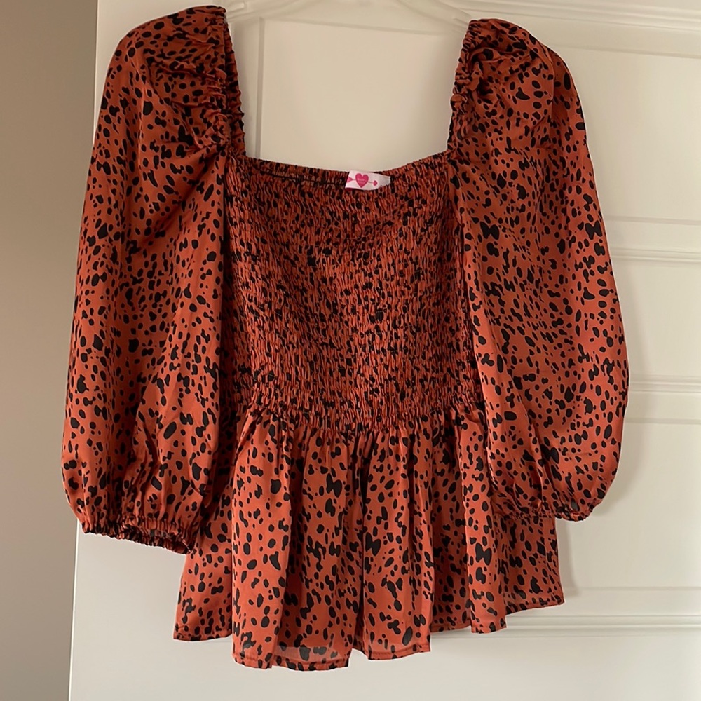 Buddy Love Orange Leopard Print Peplum 3/4 Sleeve Top Size Medium